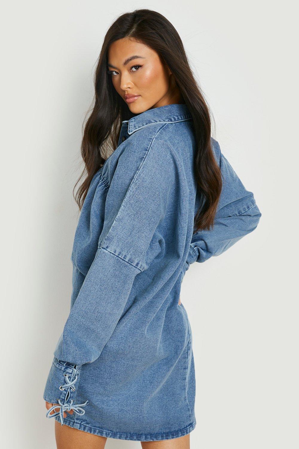 Smock Style Denim Shirt Dress With Lace Up